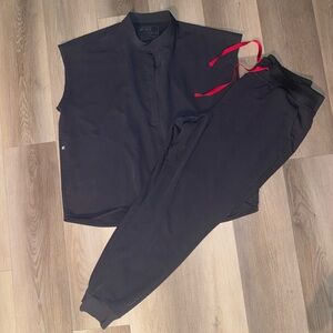 Dark Grey Figs Rafaela Top and High Waisted Joggers Set with Red Accents